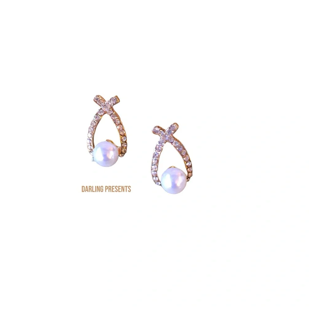 Pearl Crystal Cross Stud Earrings Women Color Gold